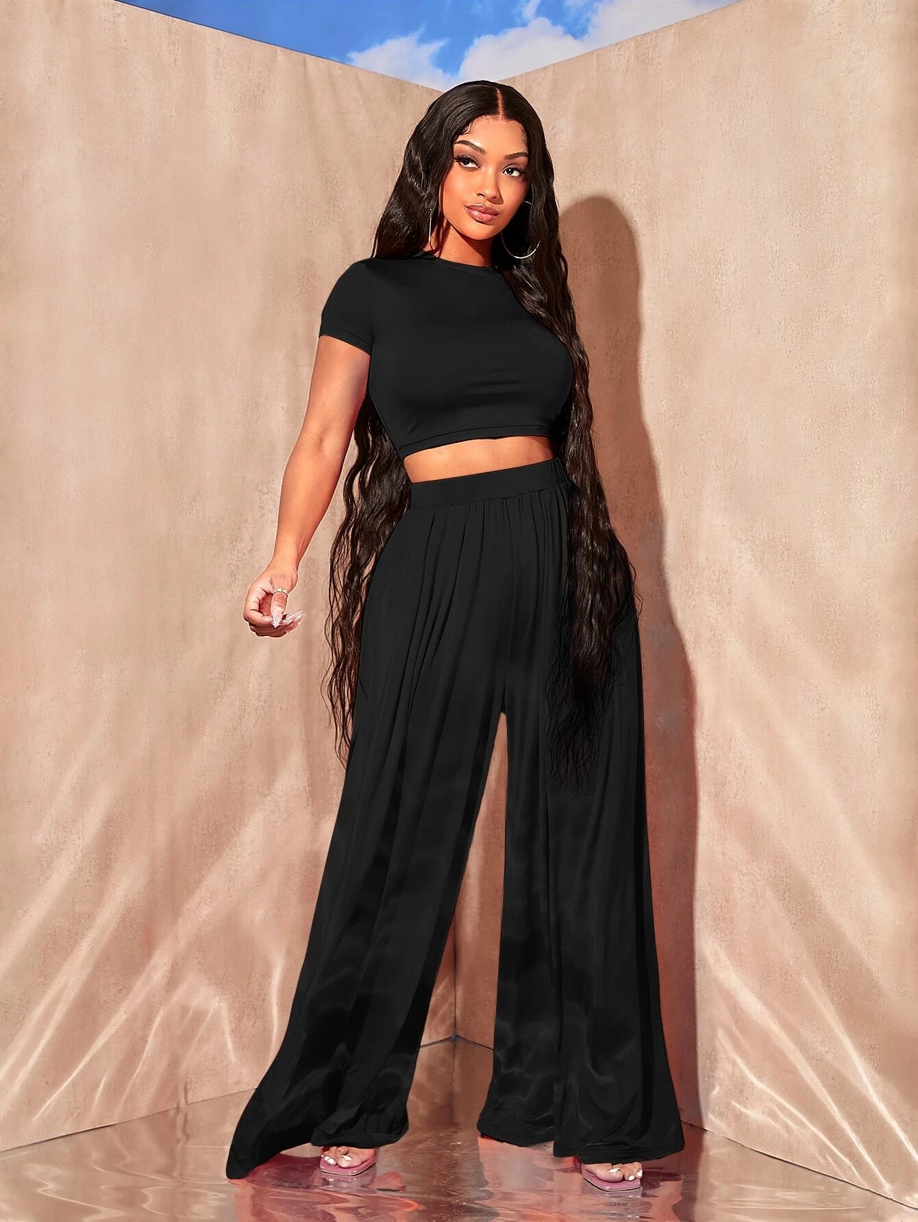 Solid crop tee and wide leg pants set