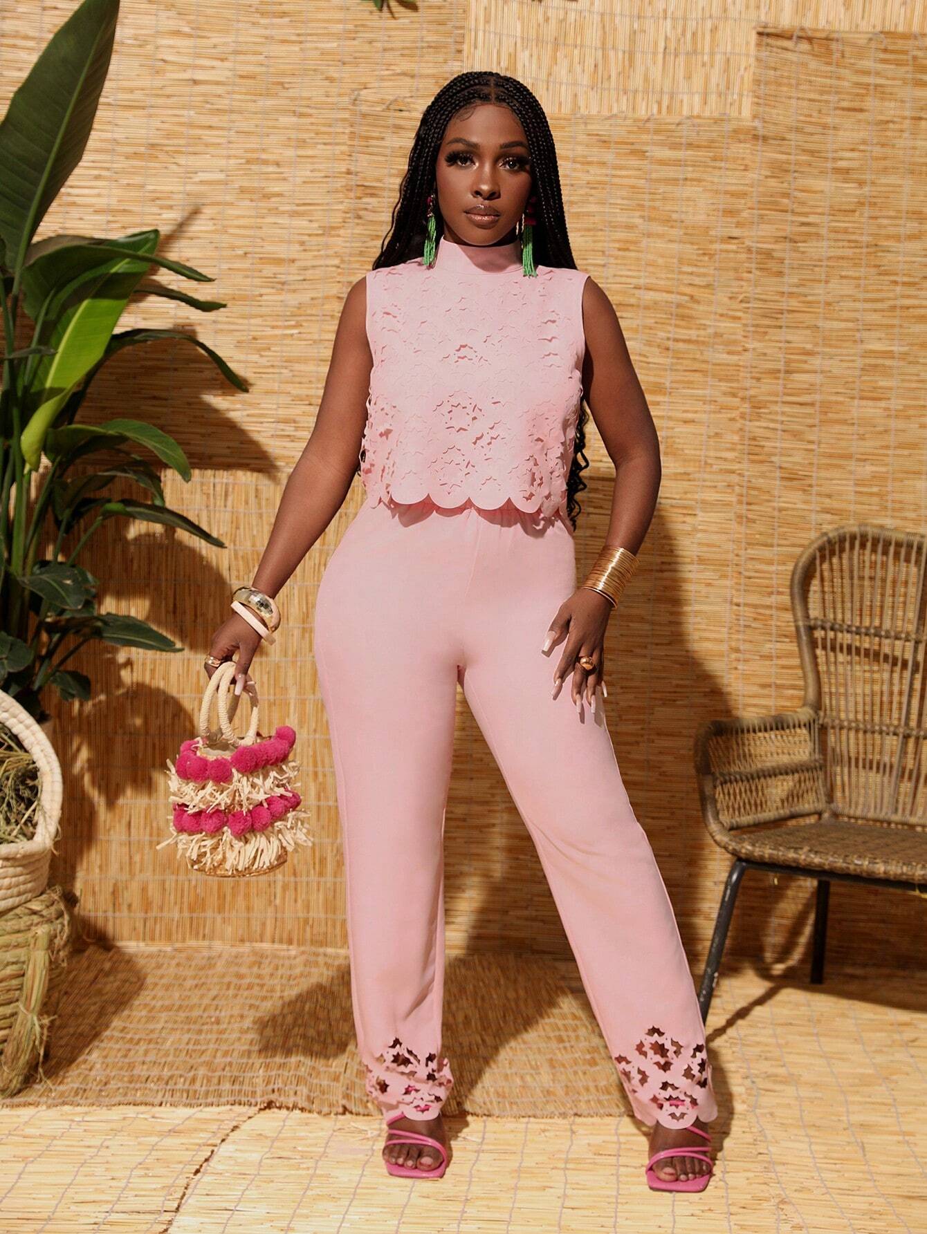 Patterned high collar cropped top and hem pants set