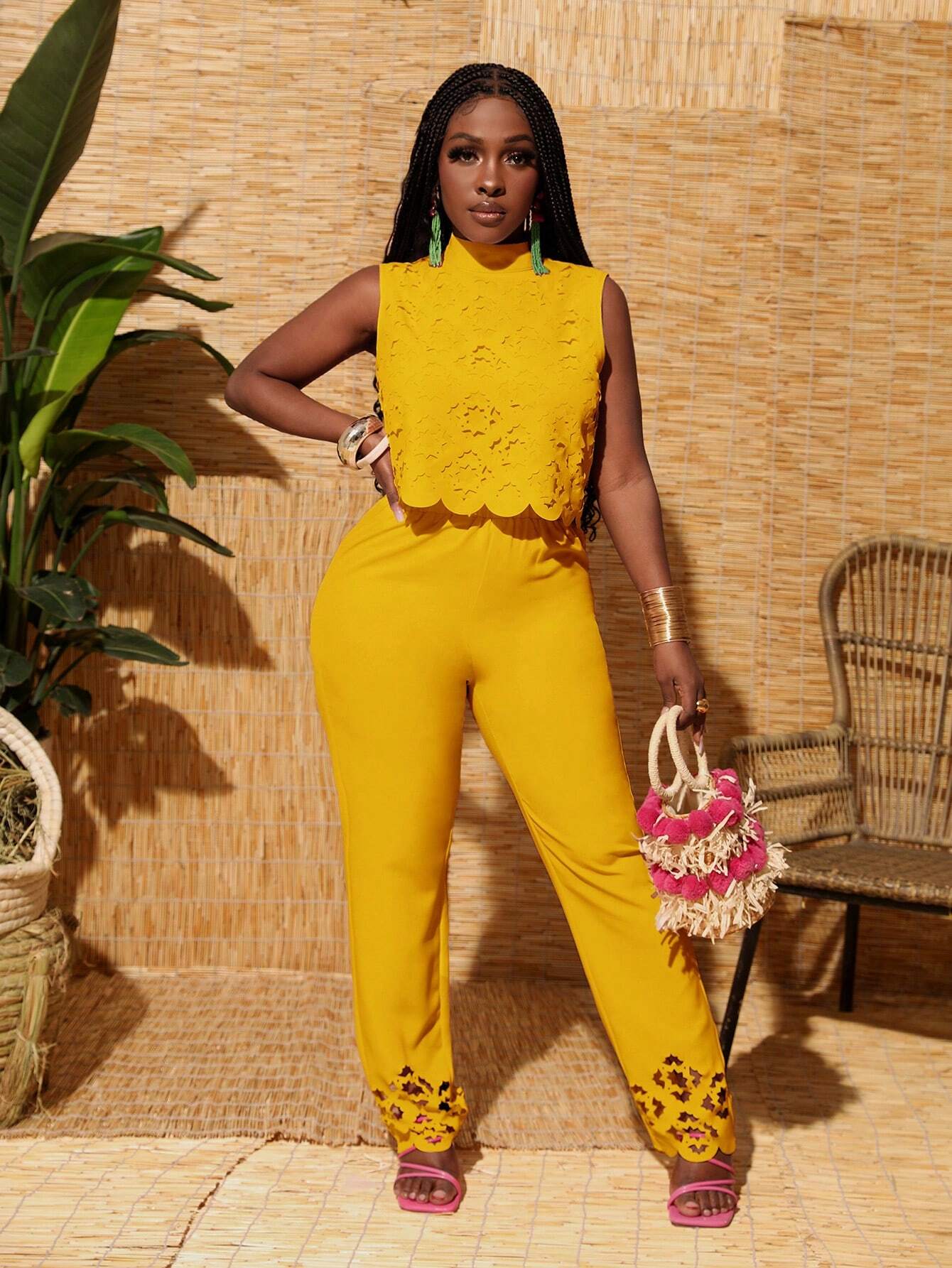 Patterned high collar cropped top and hem pants set
