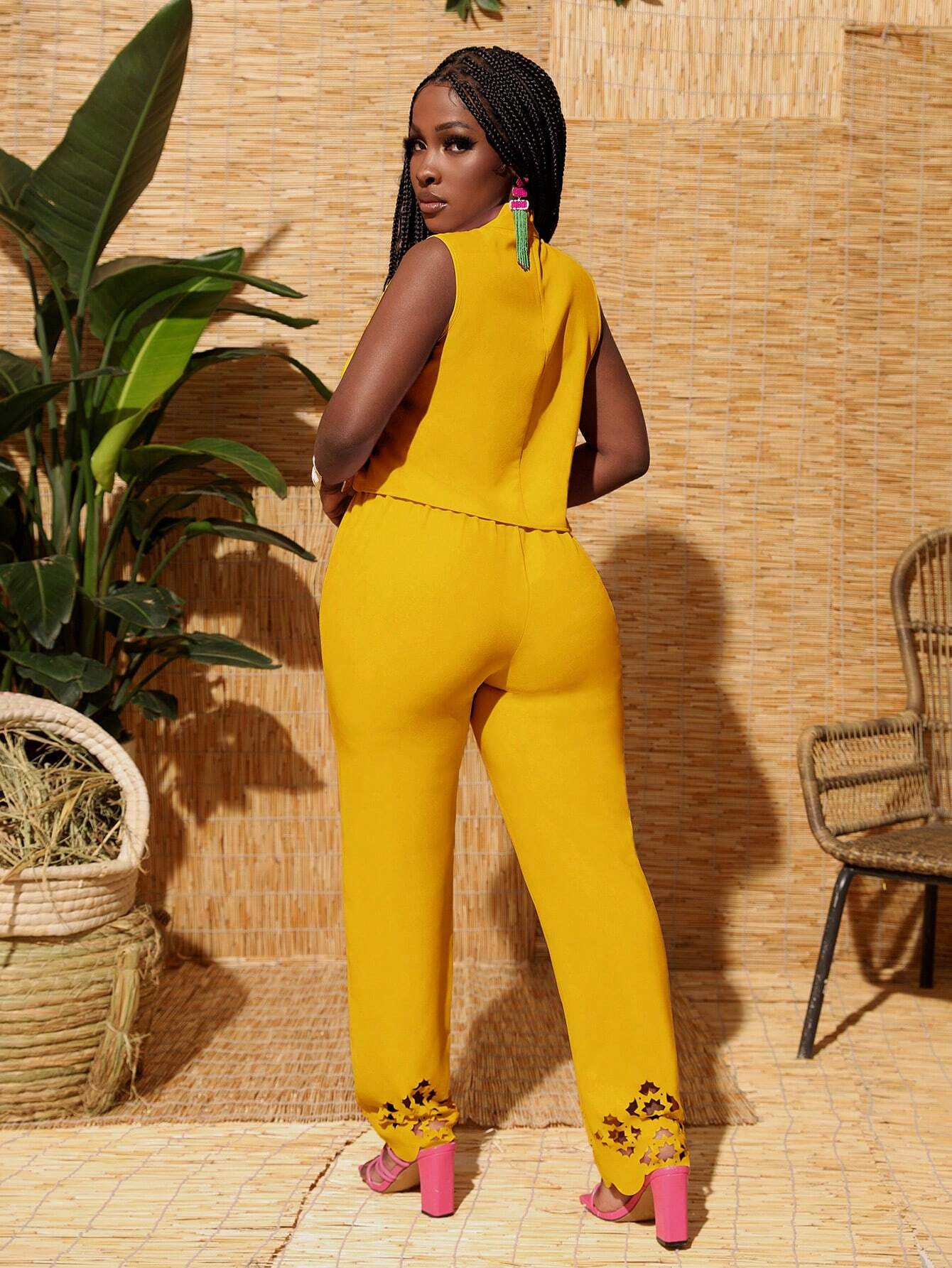 Patterned high collar cropped top and hem pants set