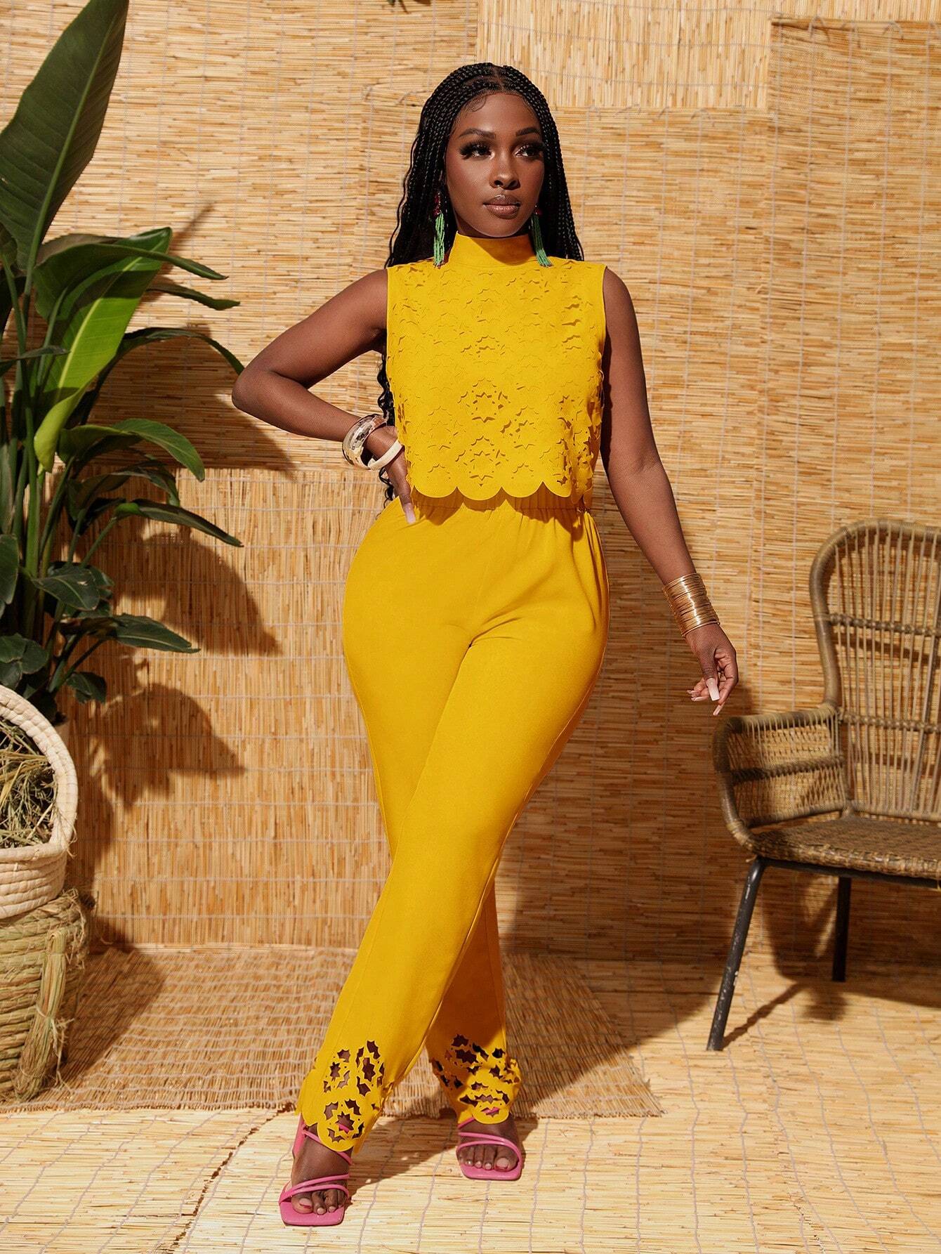 Patterned high collar cropped top and hem pants set