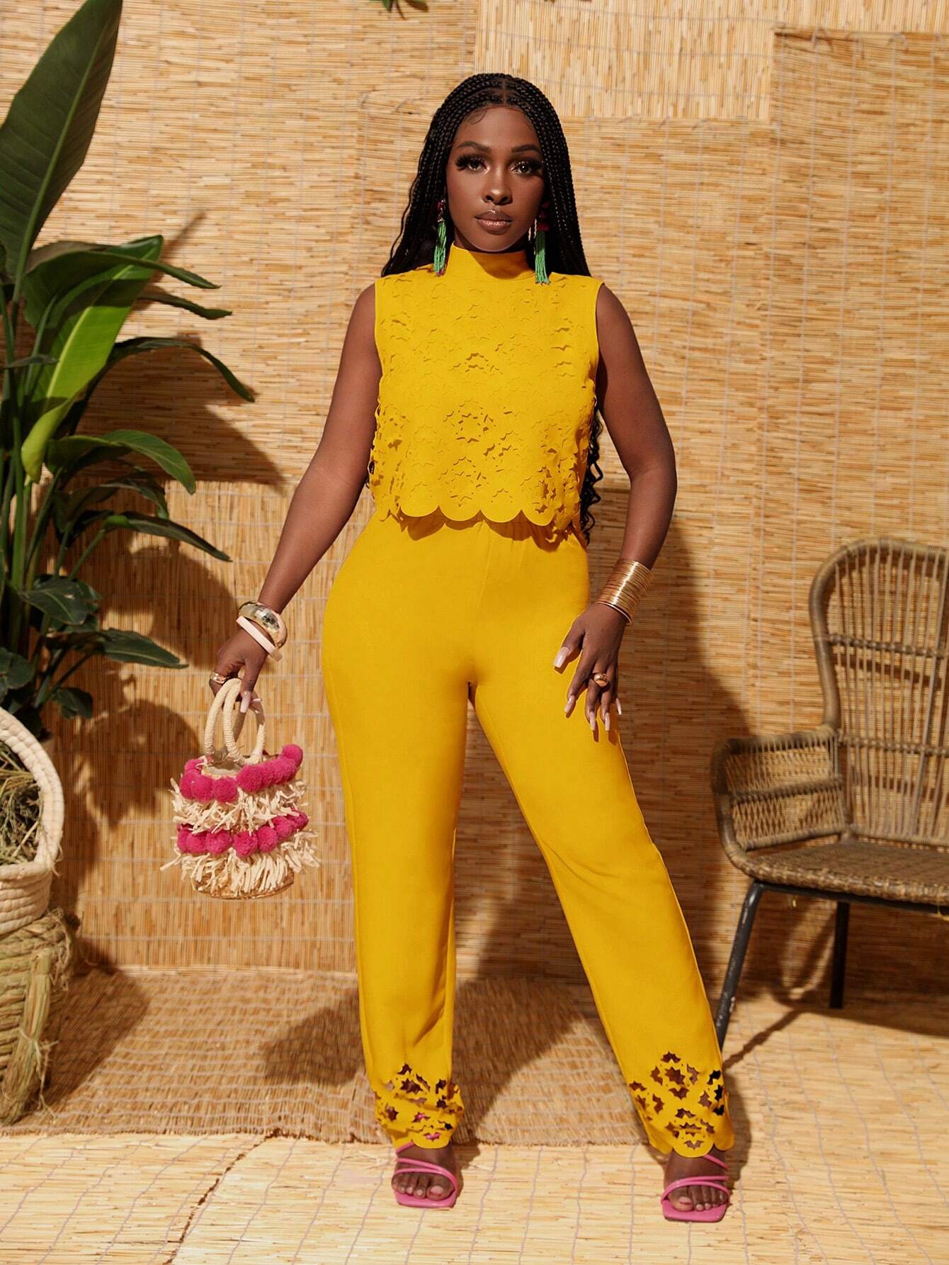 Patterned high collar cropped top and hem pants set