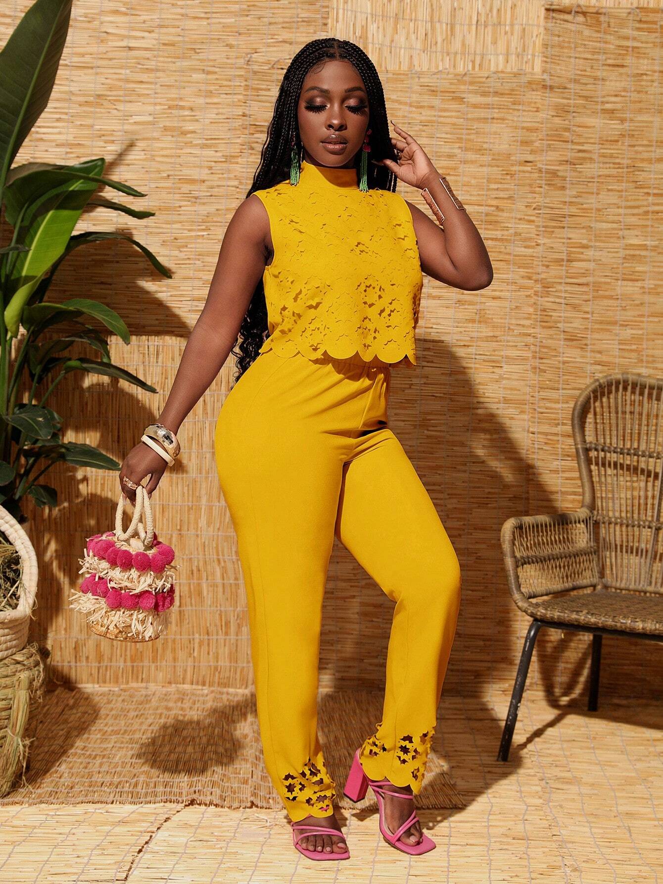 Patterned high collar cropped top and hem pants set