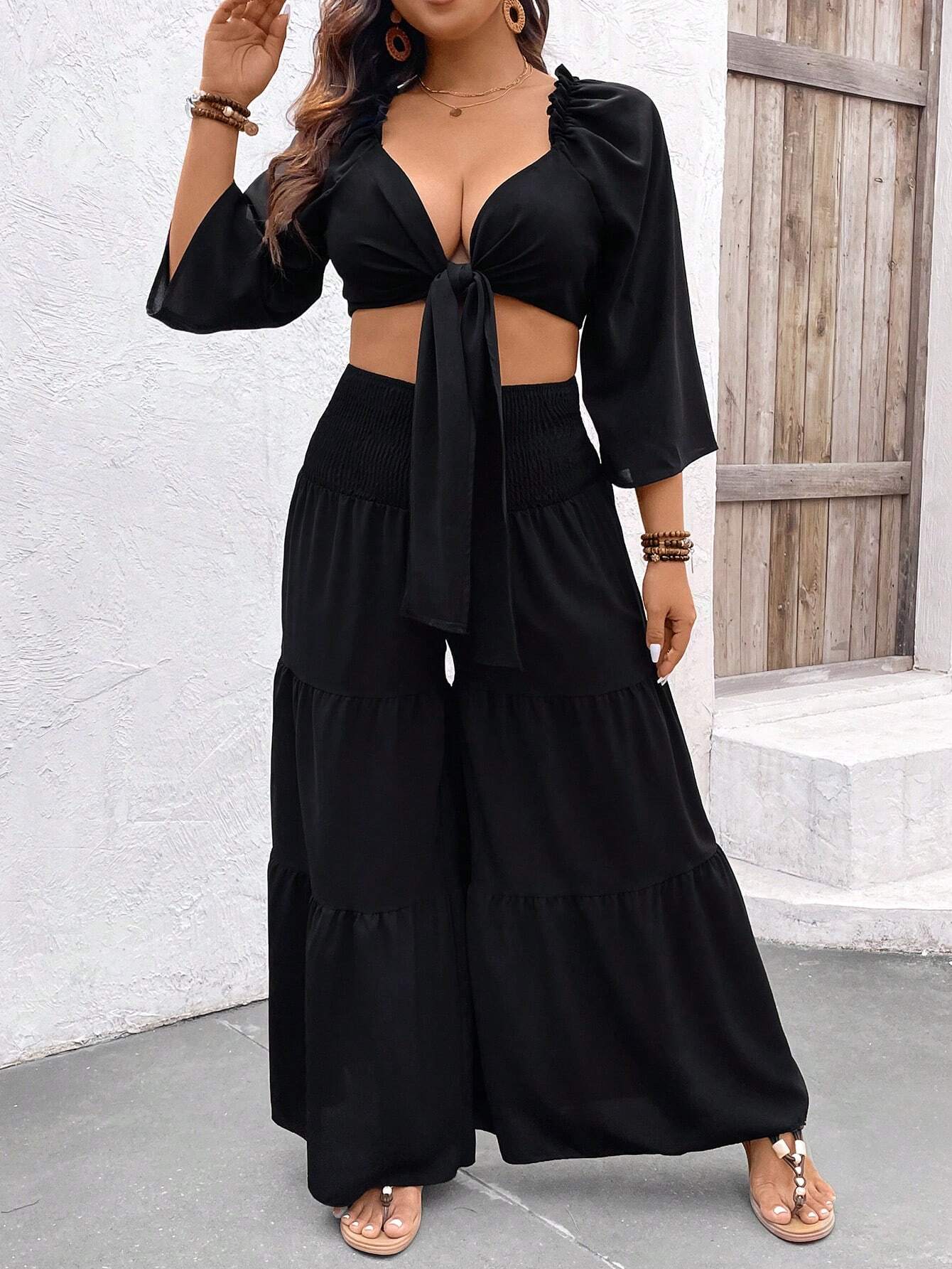 Plus size front knot top and pants set