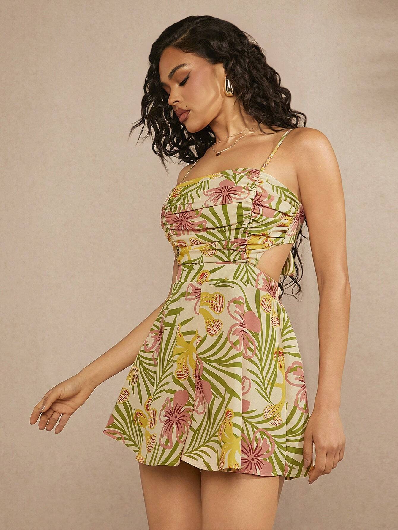 Tropical print cut out backless romper