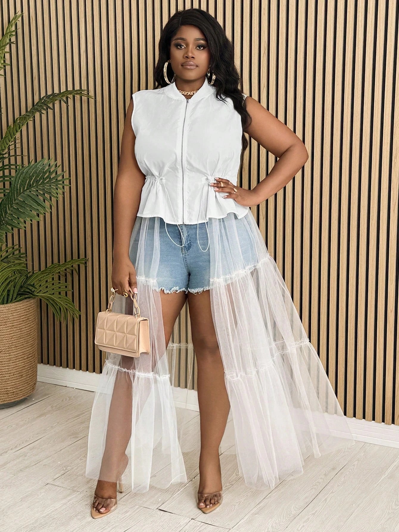 Plus- size mesh sleeveless ruffled top