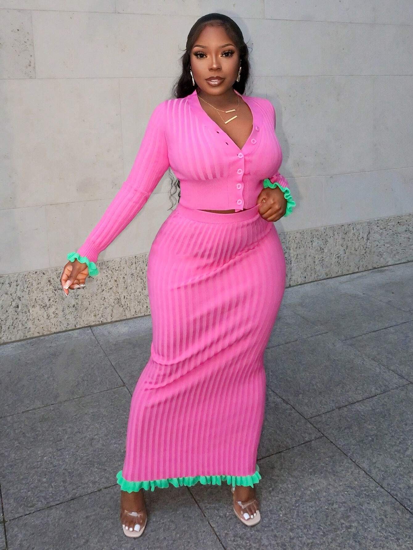 V-neck long-sleeved sweater skirt set