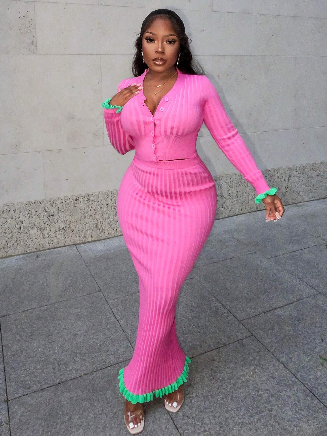 V-neck long-sleeved sweater skirt set