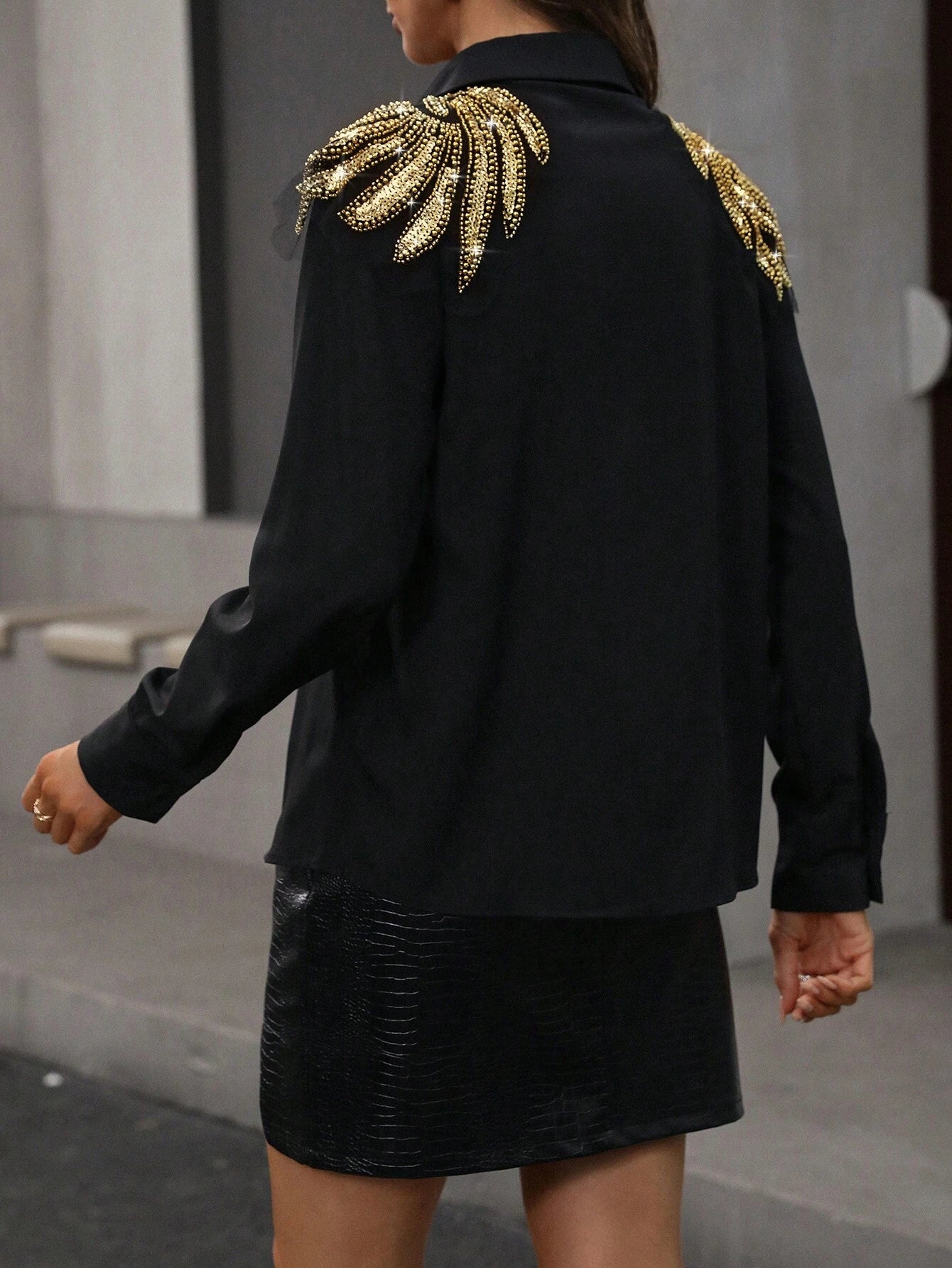 Beaded angel wings button up shirt