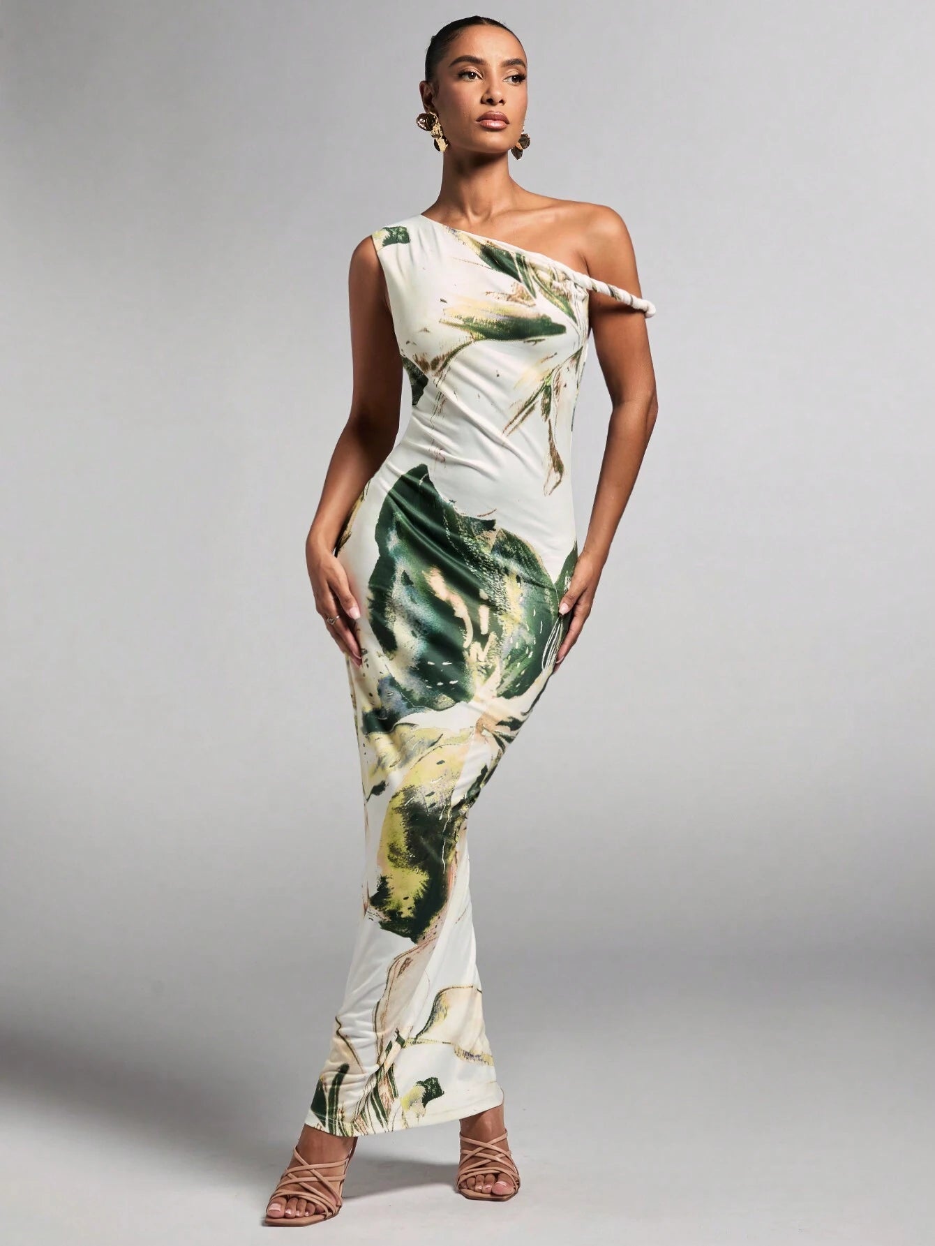 Asymmetrical Floral Open-Shoulder Maxi Dress