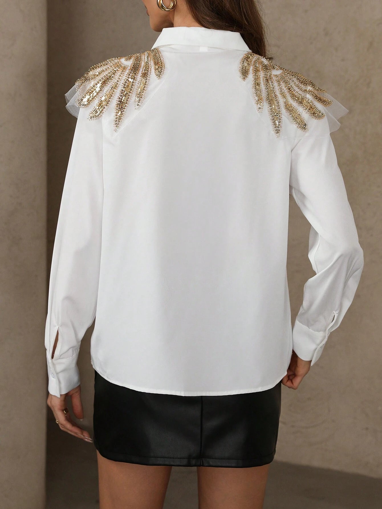Beaded angel wings button up shirt