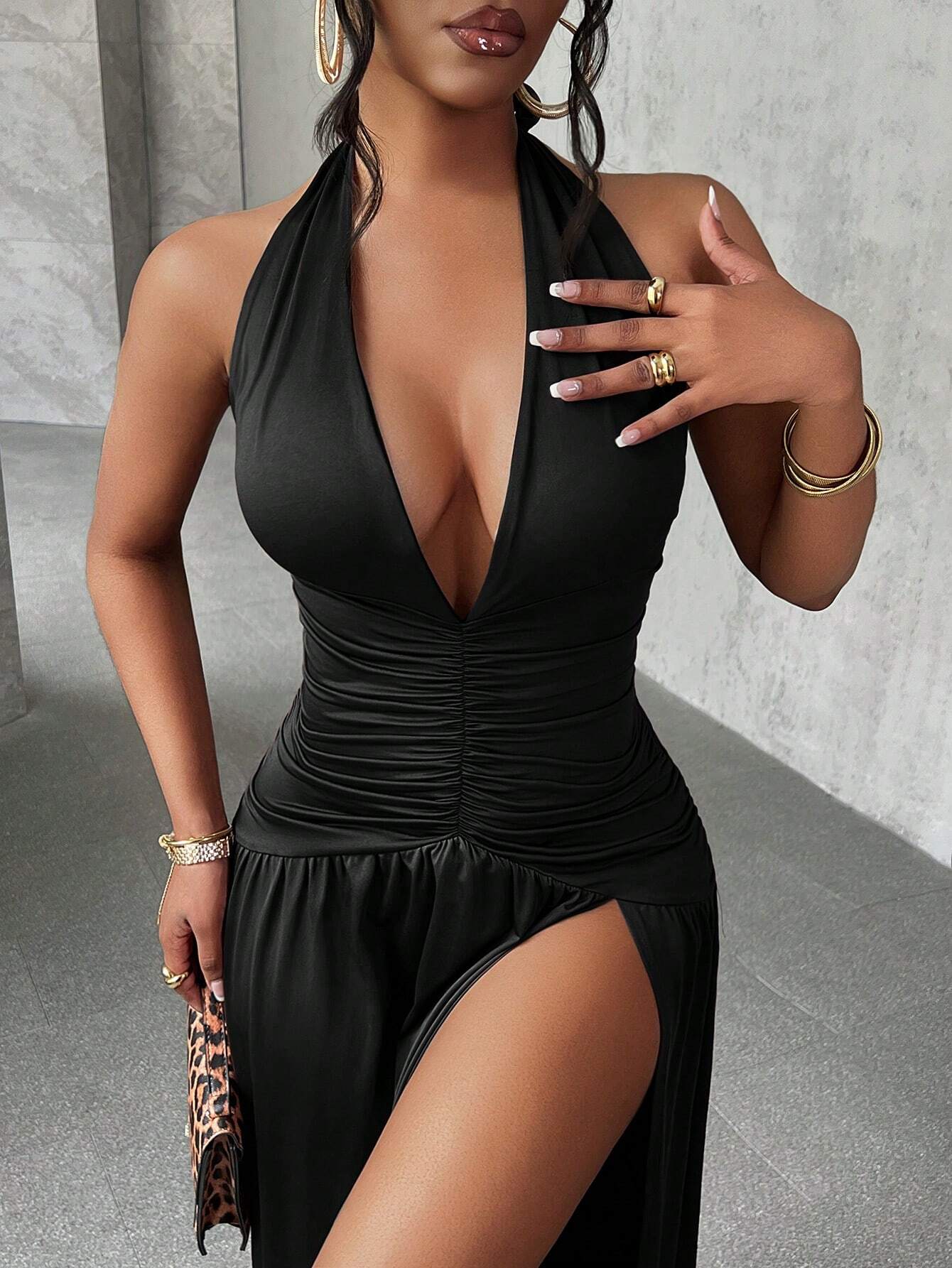 Ruched split thigh halter dress