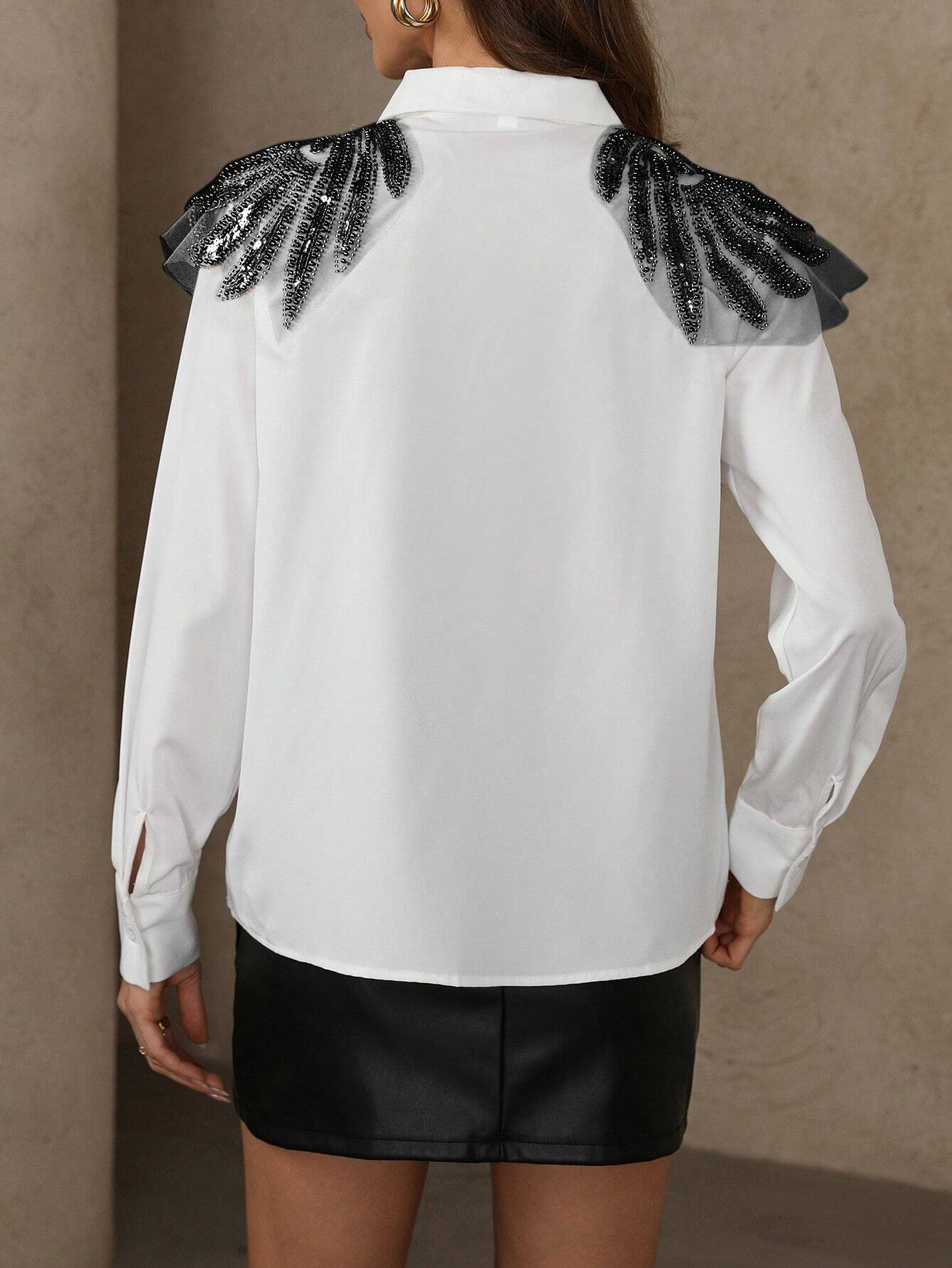 Beaded angel wings button up shirt