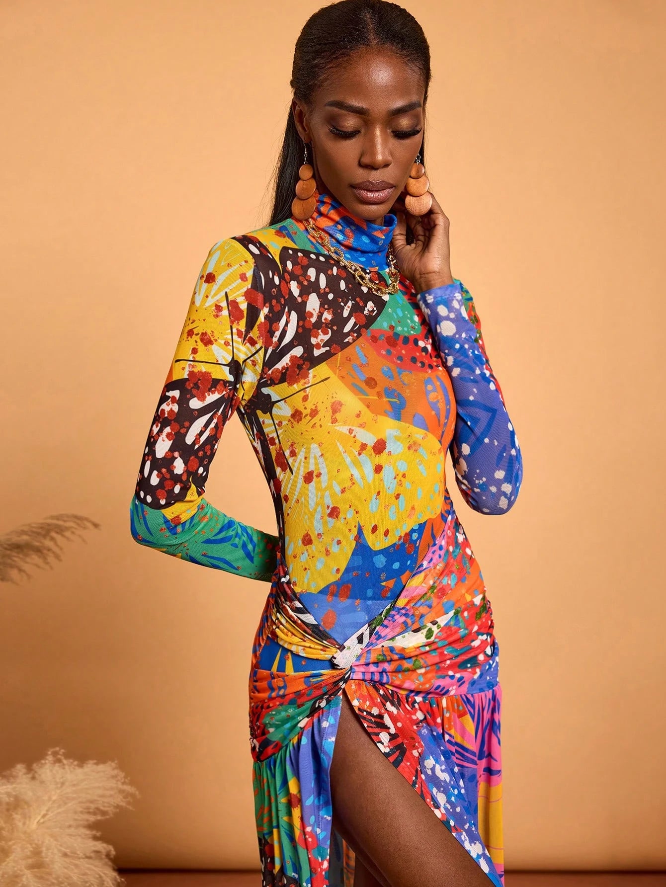 Floral print mesh high slit maxi dress