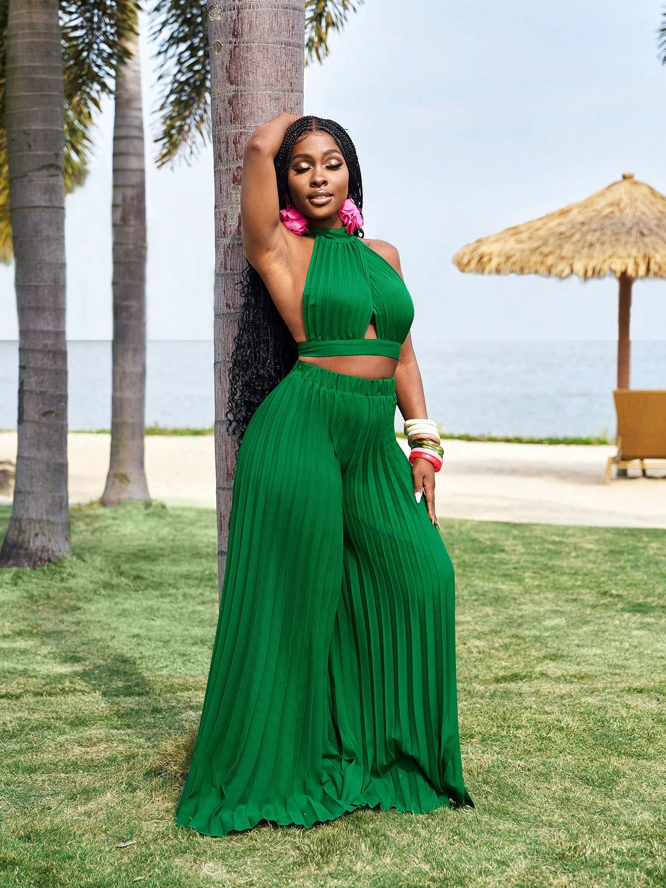 Twist knot vest top and wide leg pleated pants set