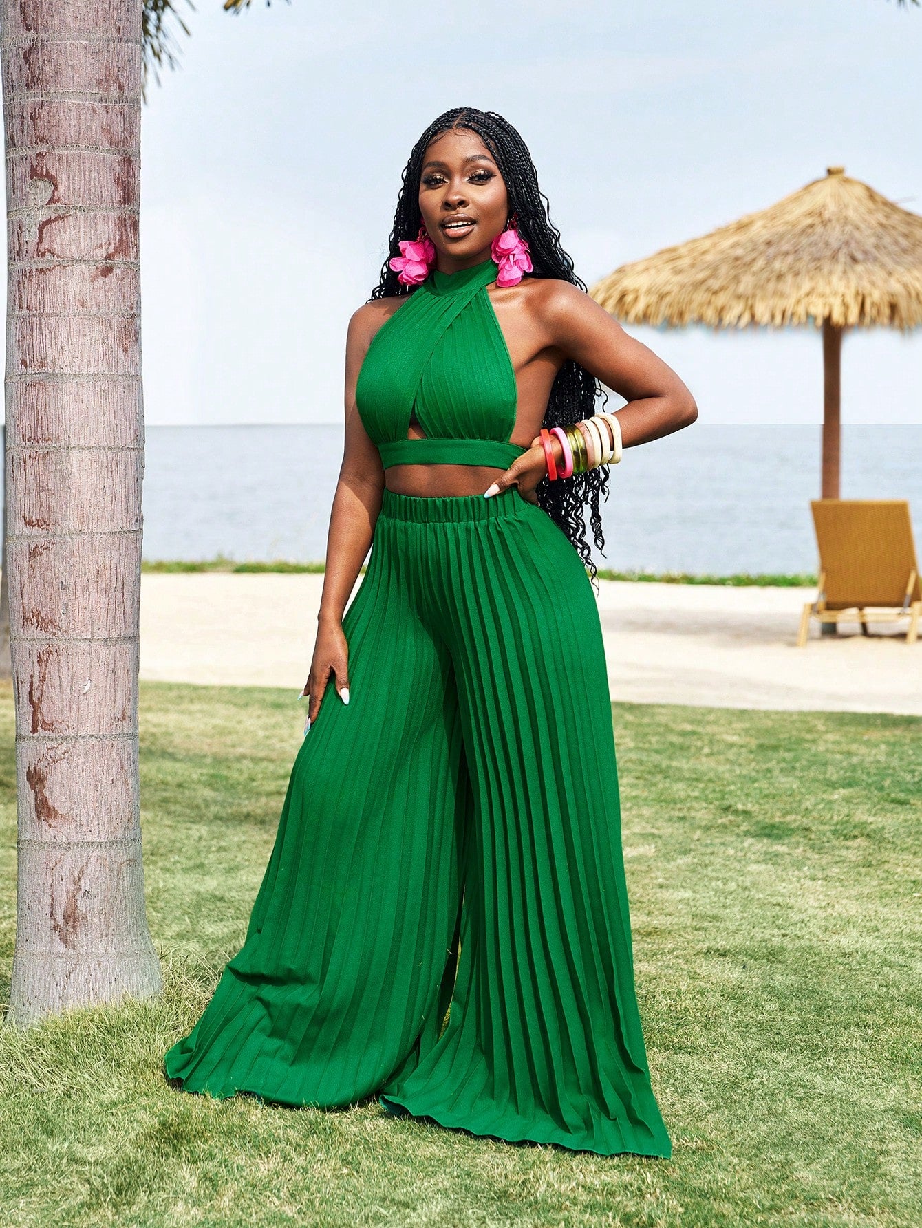 Twist knot vest top and wide leg pleated pants set