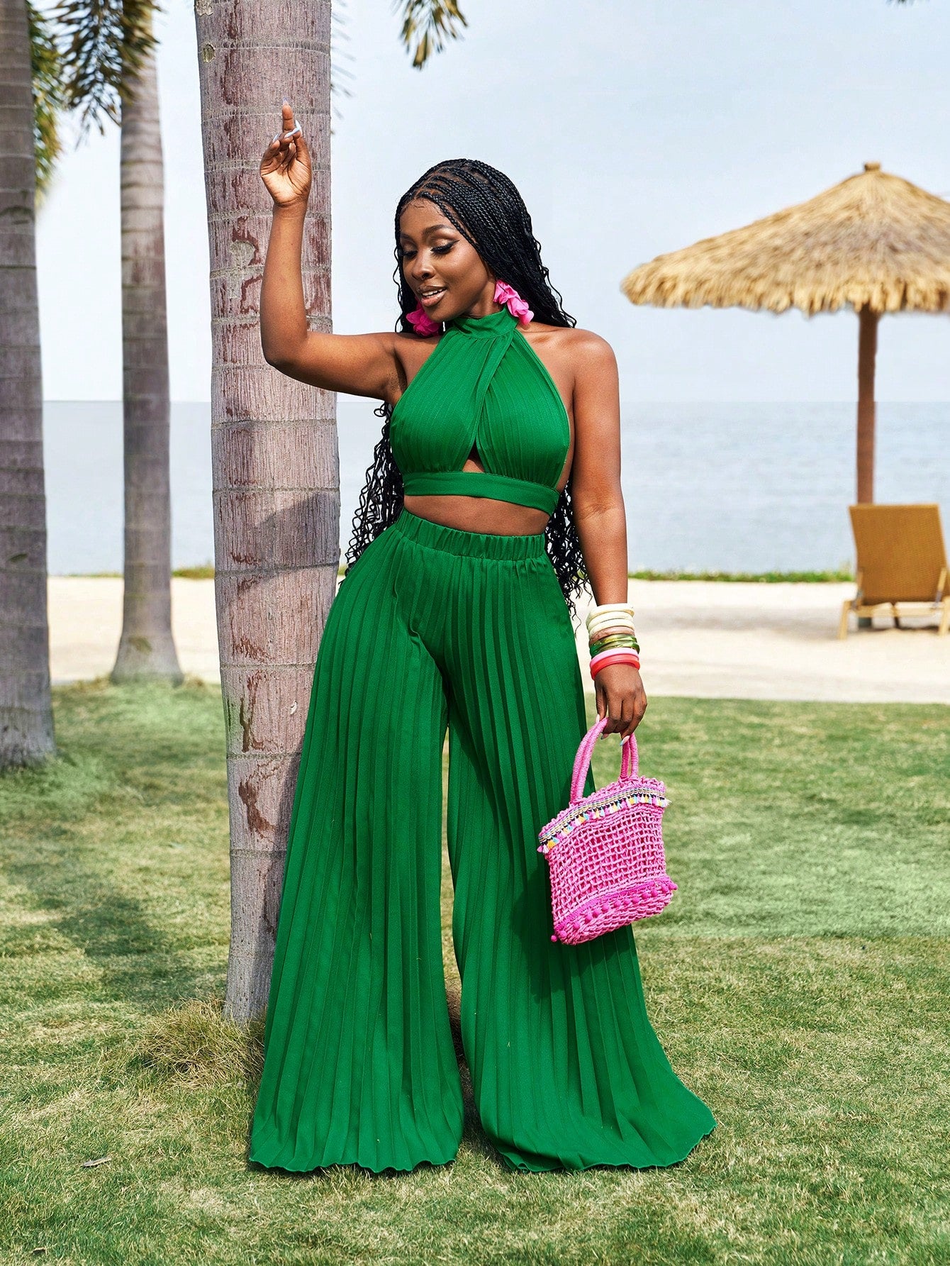 Twist knot vest top and wide leg pleated pants set
