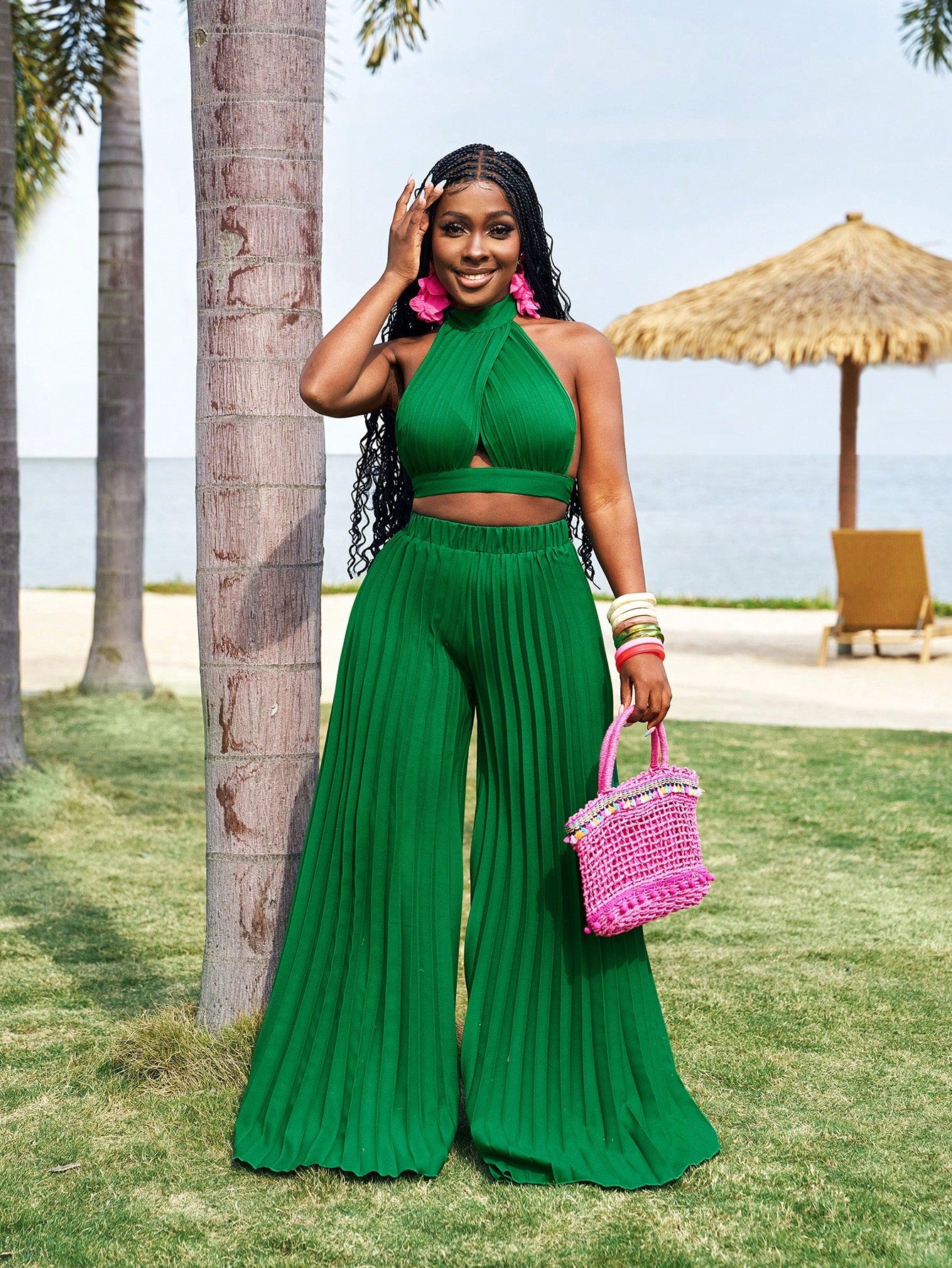 Twist knot vest top and wide leg pleated pants set