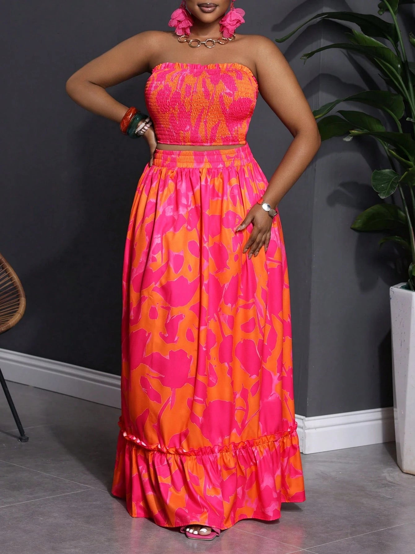 Plus Size Floral Print Elastic Tube Top and Skirt Two Piece Set