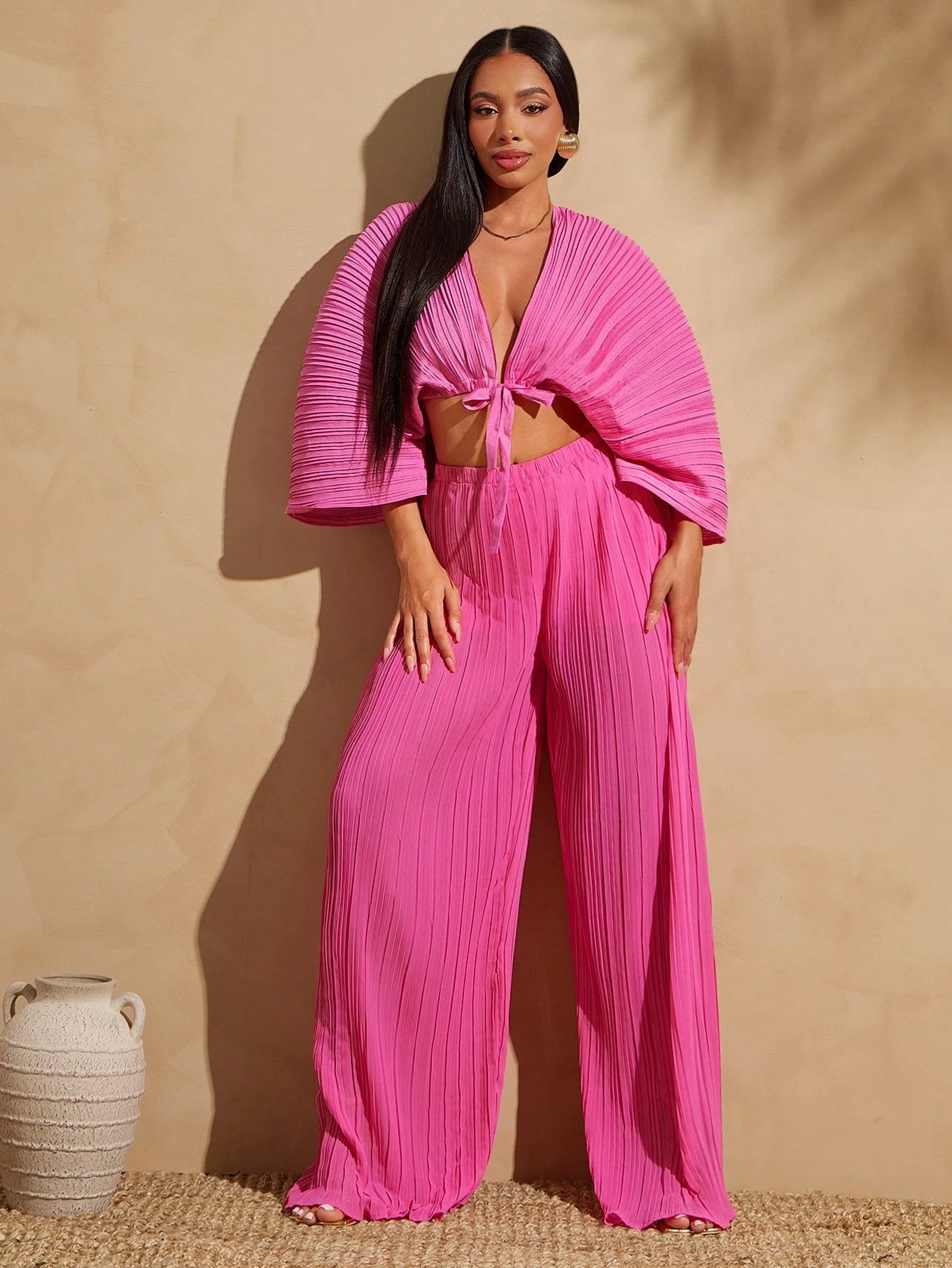 Plunge pleated neck self tie top