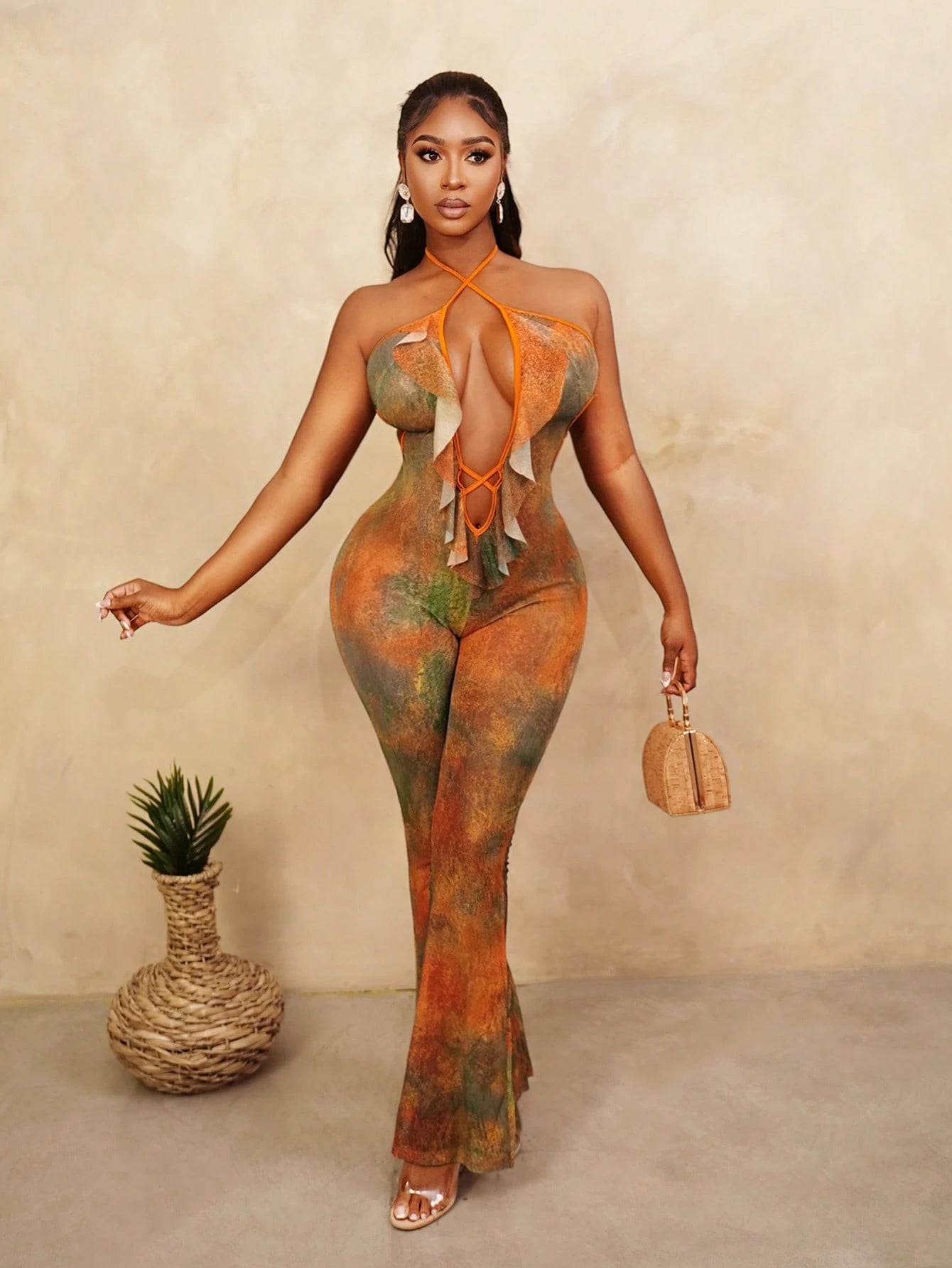 Tie-dye print ruffle sheer backless jumpsuit