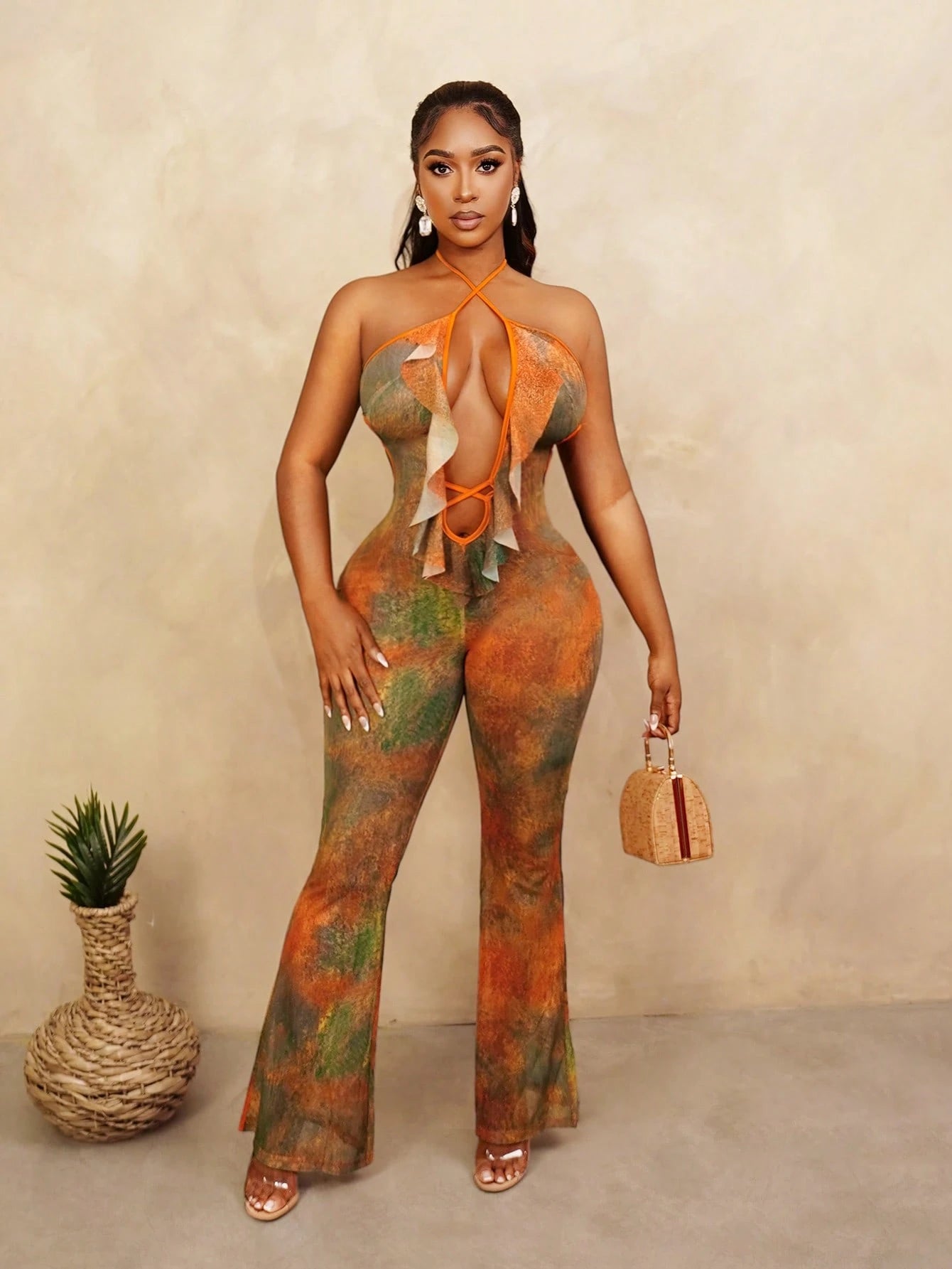 Tie-dye print ruffle sheer backless jumpsuit