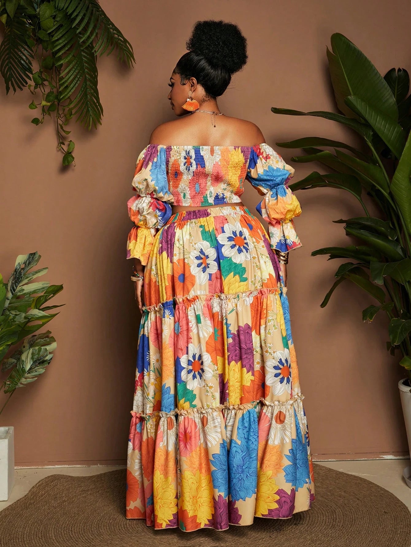 Plus size floral print off shoulder top and maxi skirt set