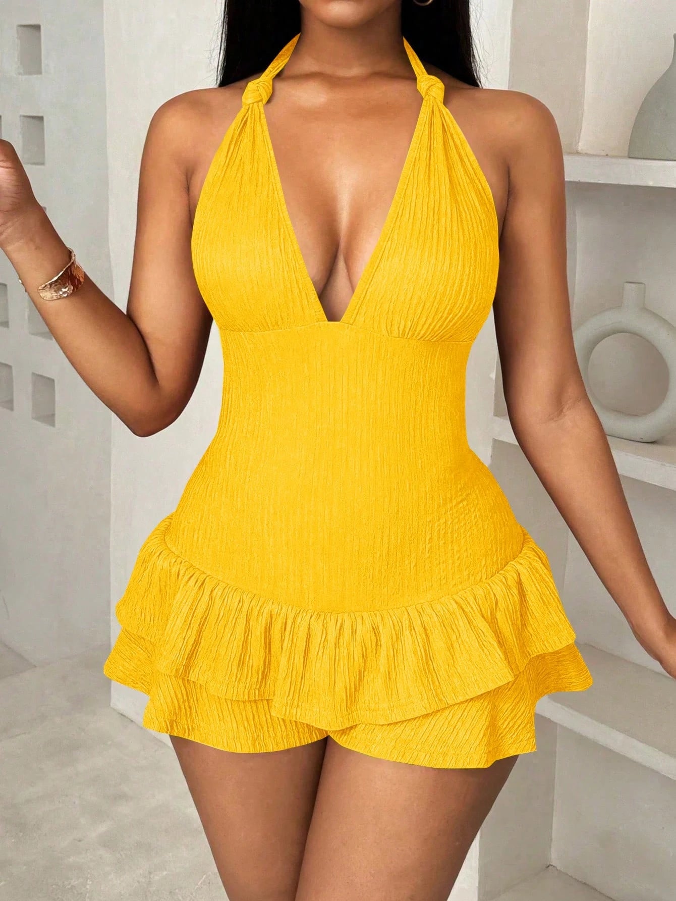 Halter back ruffle trim fitted romper