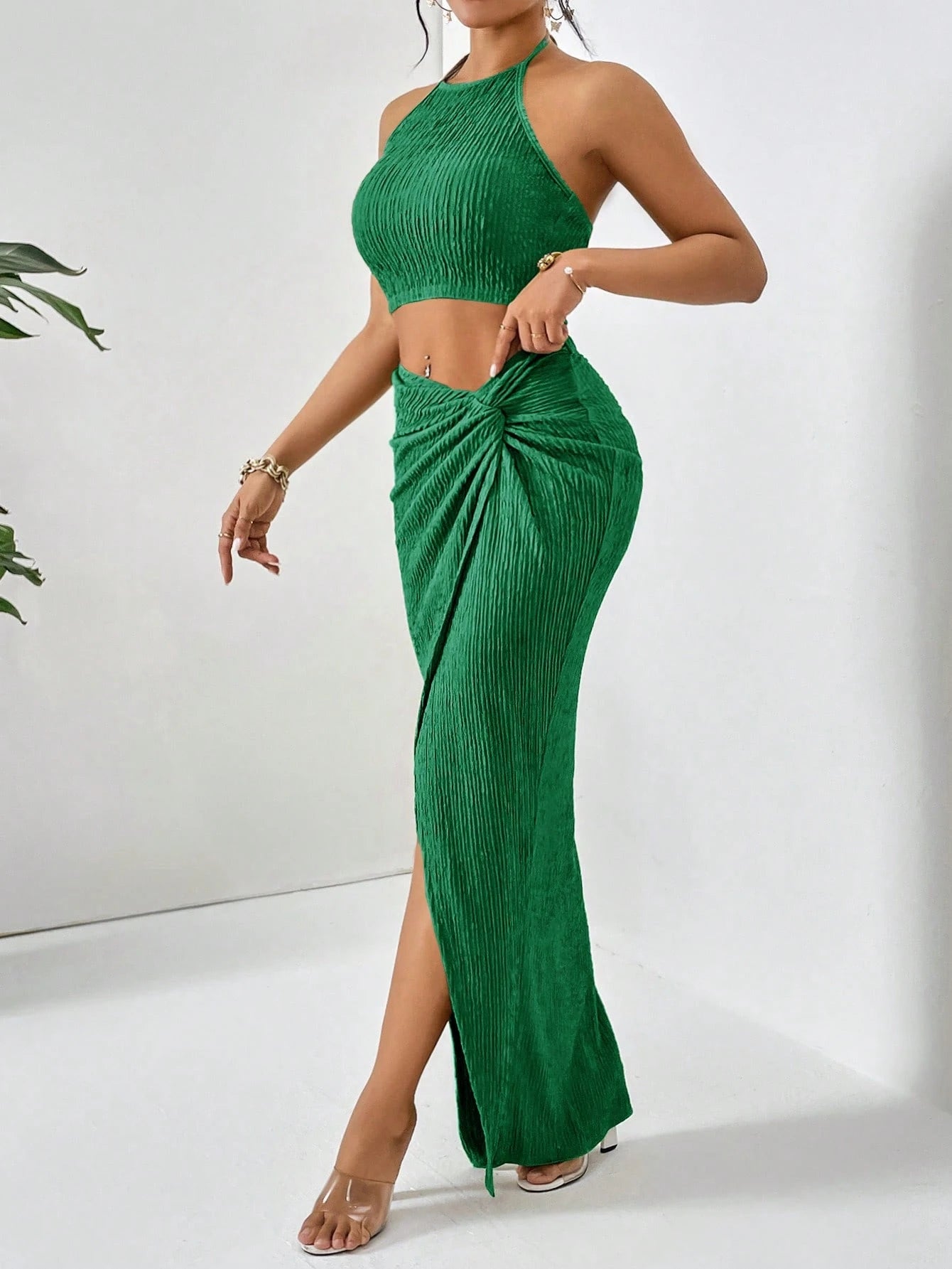 Cropped halter neck tank top and slit hem midi skirt set