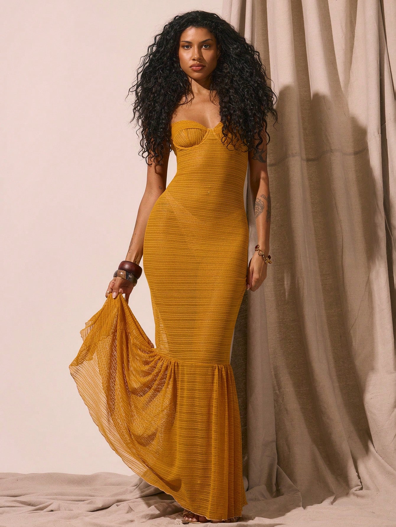 Sheer knit fitted fishtail maxi dress