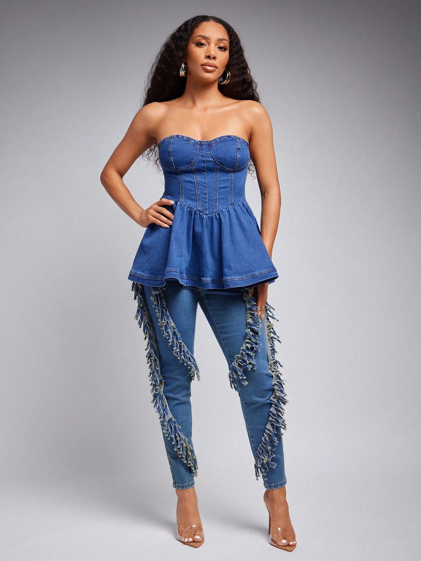 Denim peplum hem strapless top