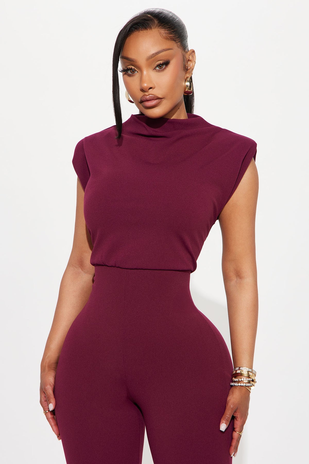 Padded shoulder sleeveless jumpsuit