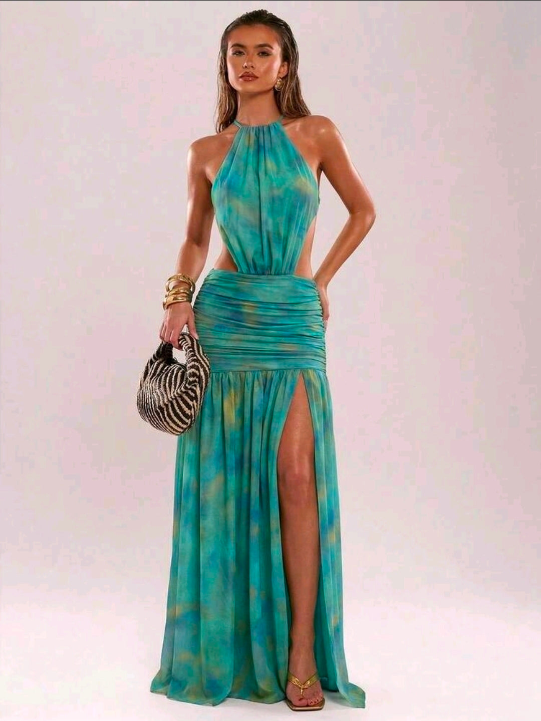 Beaded backless tie dye dress