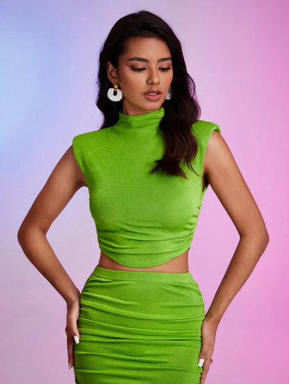 Mock neck ruched tank top and pencil skirt