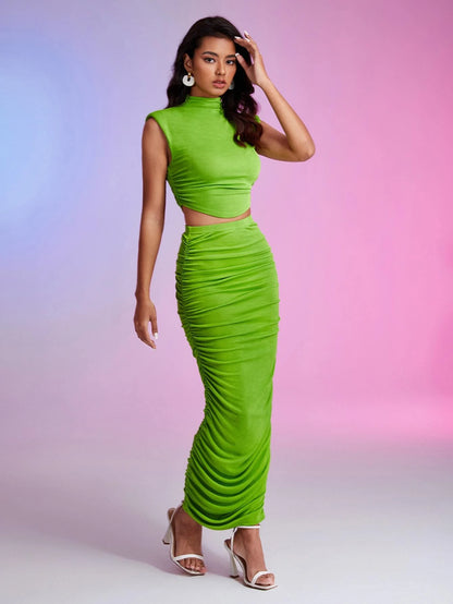 Mock neck ruched tank top and pencil skirt