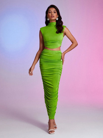 Mock neck ruched tank top and pencil skirt