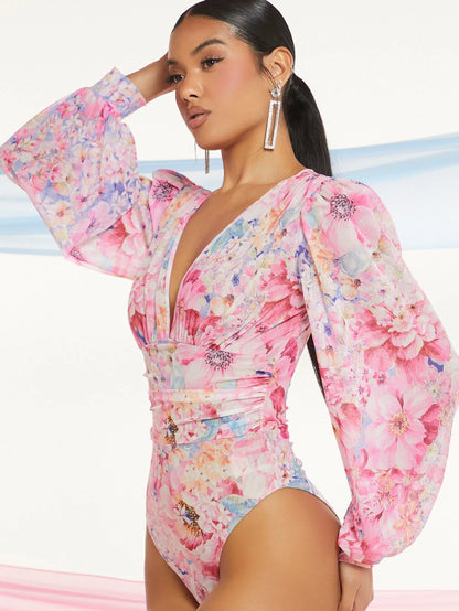 Plunging neck lantern sleeve bodysuit