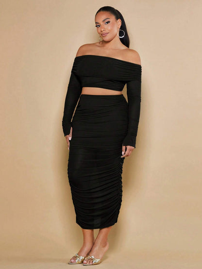 Plus- size off shoulder crop top and ruched skirt