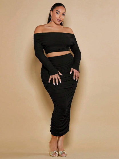 Plus- size off shoulder crop top and ruched skirt