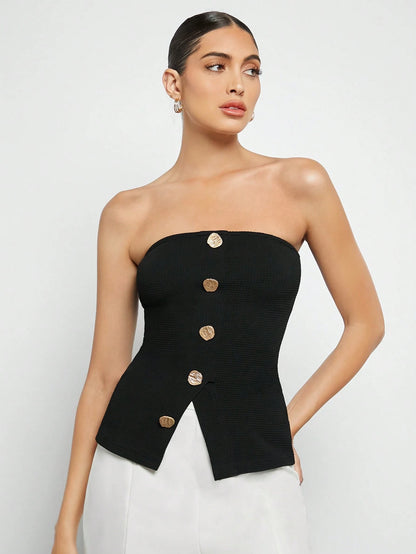 Front button strapless top