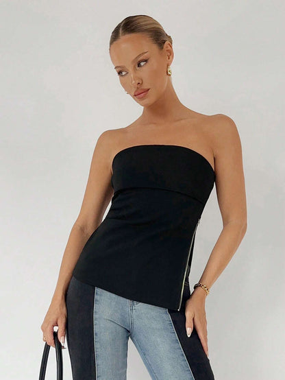 Side zipper split hem sleeveless tube top