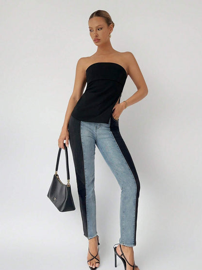 Side zipper split hem sleeveless tube top