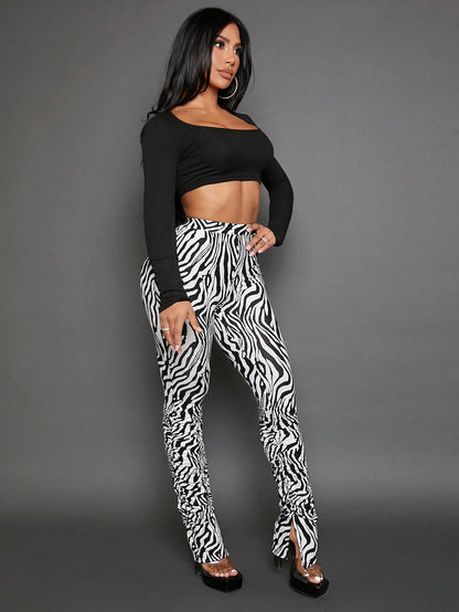 Zebra striped split hem leggings
