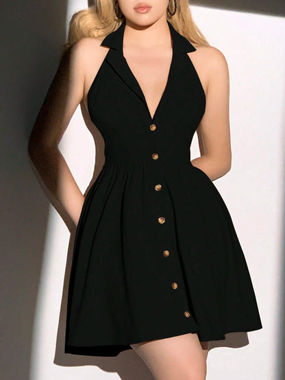 Button front halter neck backless dress