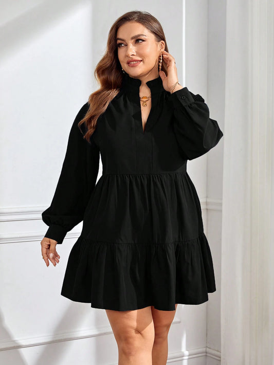 Plus-size Ruffle hem smock dress