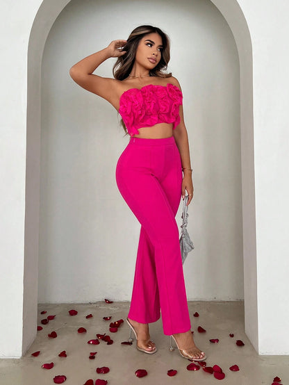 Embellished tube top and flared pants set