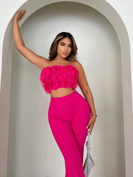 Embellished tube top and flared pants set