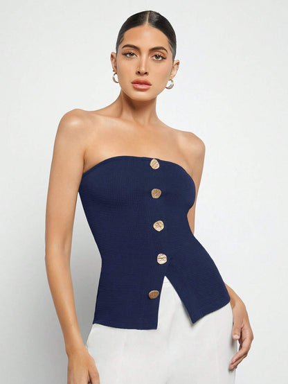 Front button strapless top