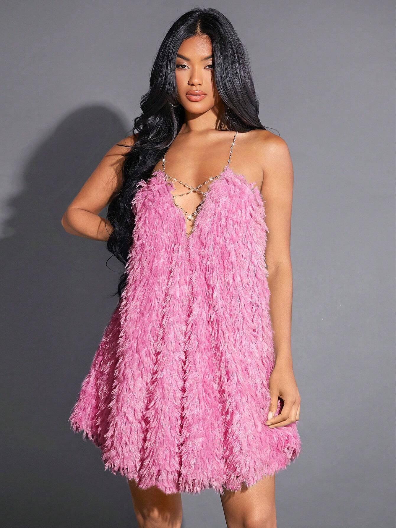 Chain cross backless furry dress