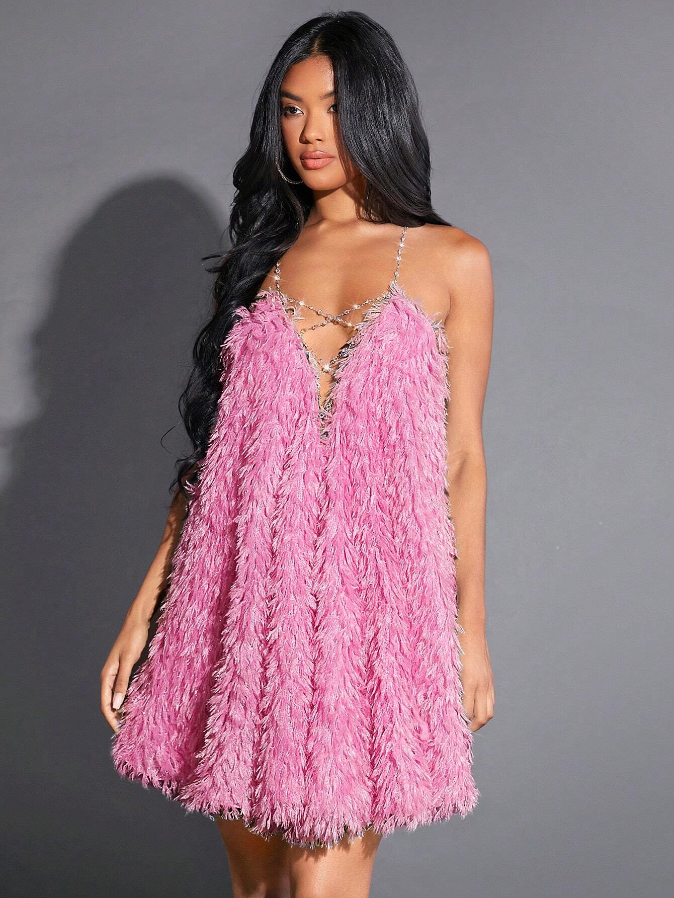 Chain cross backless furry dress